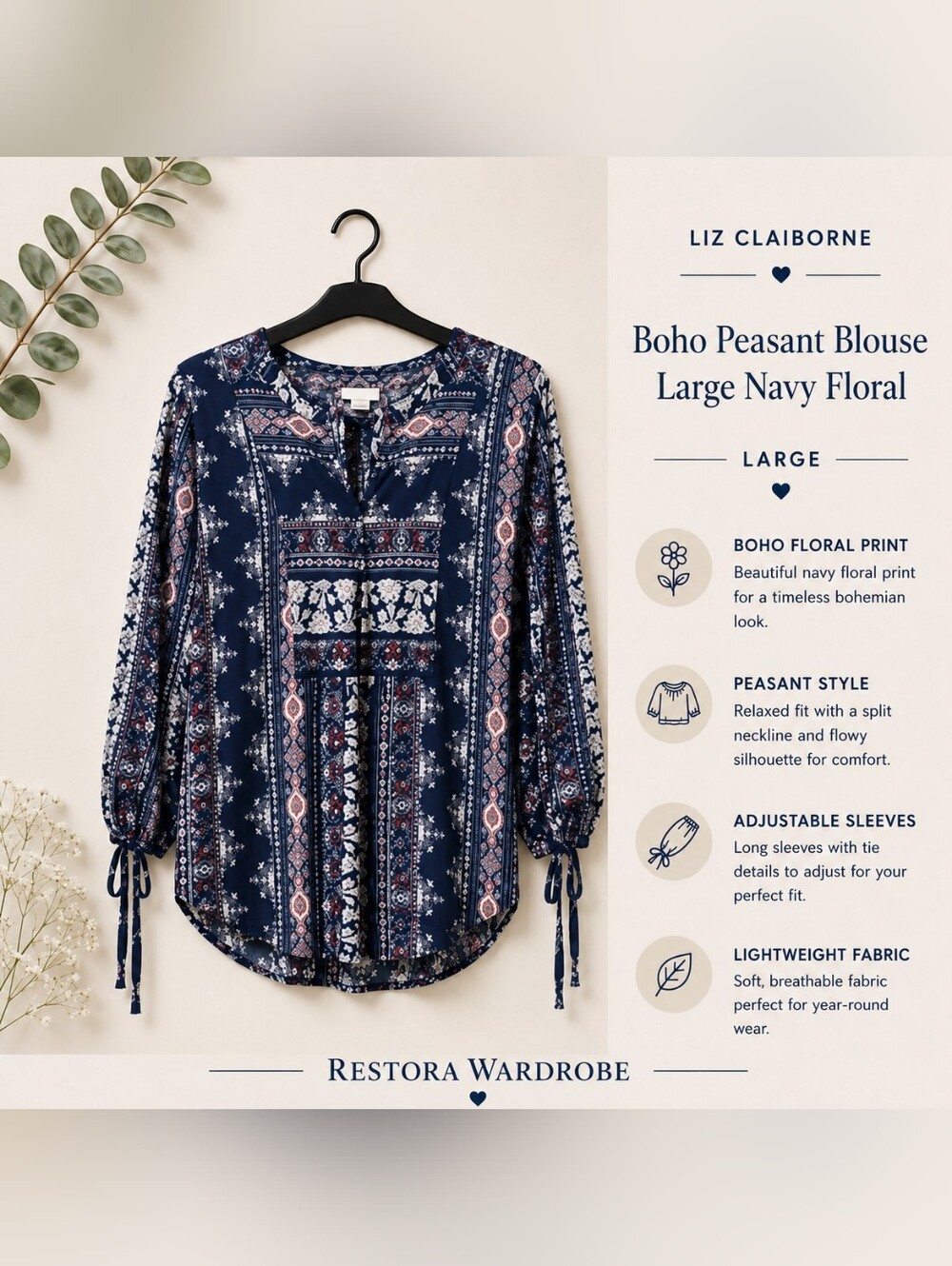 Liz Claiborne Boho Peasant Blouse Large Navy Floral Tie Sleeve
